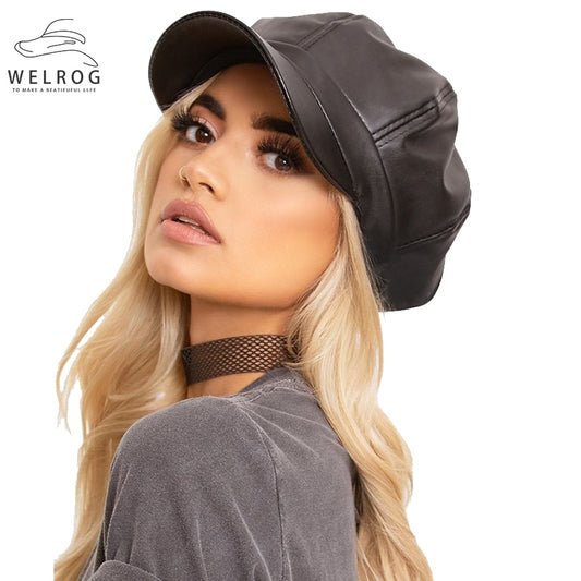 WELROG Women PU Peaked Beret Cap Girls Retro Solid Color Octagonal Cap Winter Autumn Painter Hats Classy Faux Leather Beret Hats