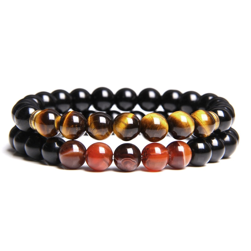 2pcs Men Bracelets Beads Natural Stone Black Onyx&amp;Tiger Eye&amp;Hematite Stone Bracelets for Women Men No Magnetic Bracelet