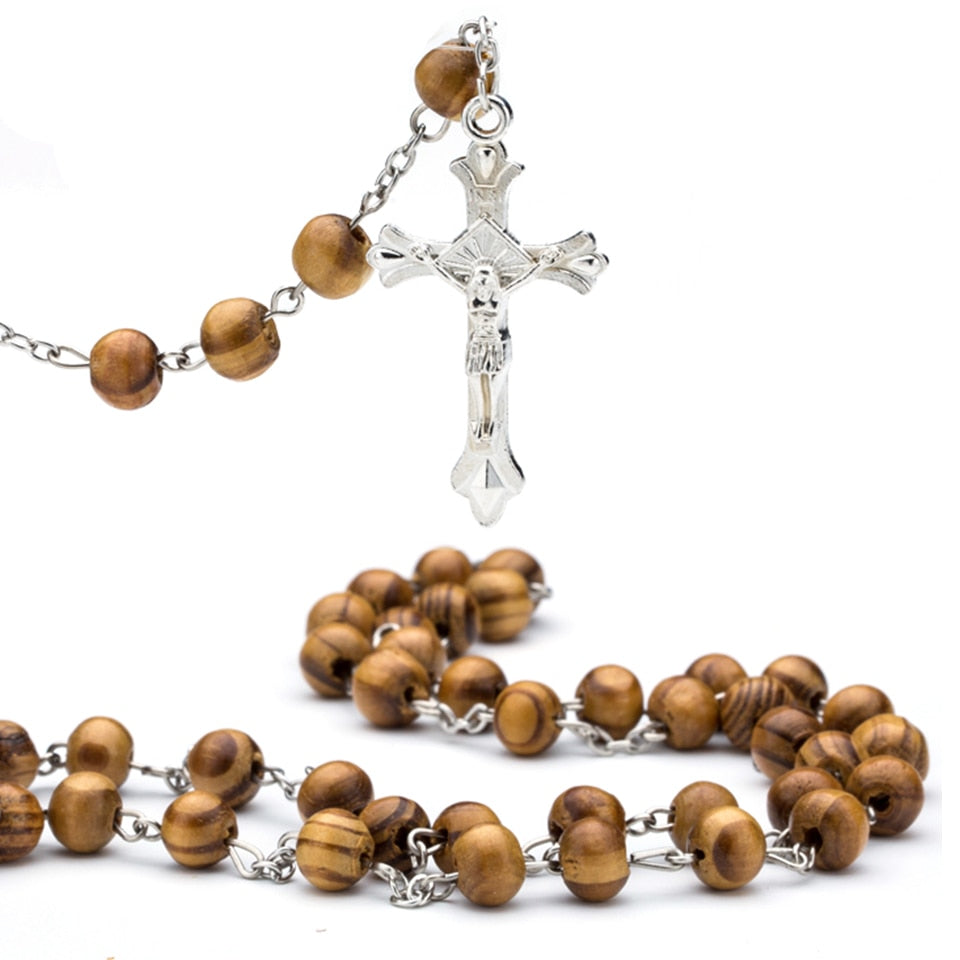 High Quality Fashion Rosary Wood Beads DIY Necklaces For Men Women Virgin Mary Jesus Christ Cross Pendant Long Chain Jewelry