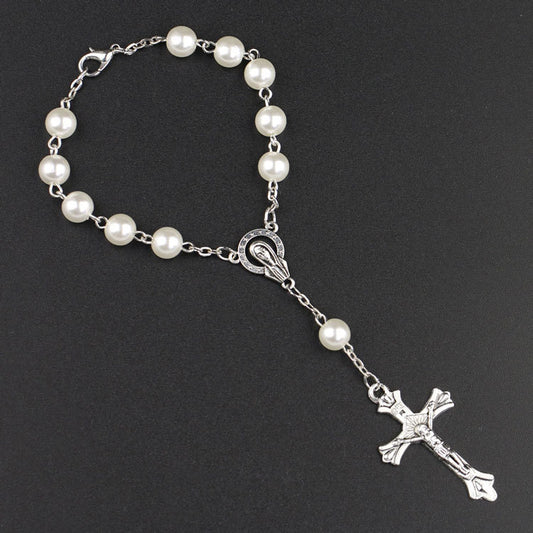 Komi Catholic Rosary White Imitation Pearls Beaded Cross Bracelets Women Christ Jesus Virgin Mary Praying Chains Bracelets R-307