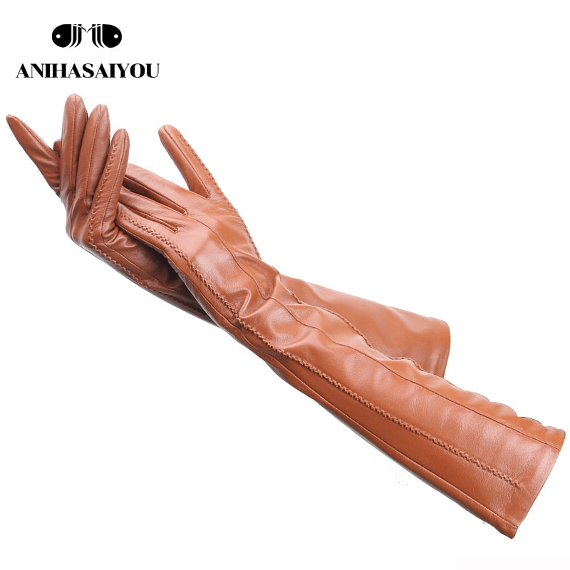 Fashion beige long leather gloves,high-grade long leather gloves women,winter genuine sheepskin women&#39;s long gloves - CSD2-50CM