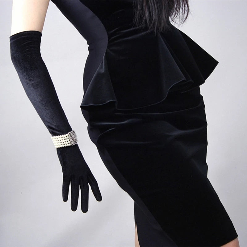 Gold Velvet Long Gloves Autumn Winter Dinner Dress Women&#39;s Gloves Black Velvet Elastic Warm Christmas Halloween Party Gloves