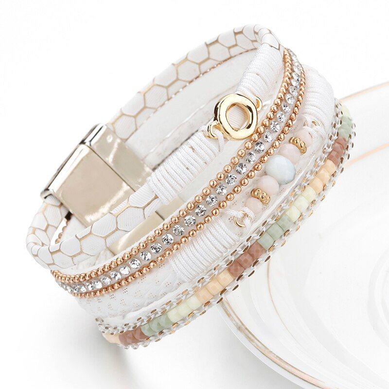 Amorcome White Leather Bracelets for Women Rhinestone Crystal Metal Charm Wide Multilayer Wrap Bracelets &amp; Bangles Jewelry