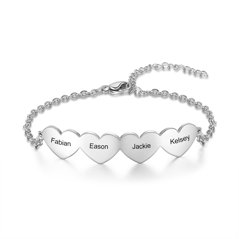 JewelOra Customized 2-5 Hearts Charm Bracelets  for Women Stainless Steel Personalized Engraved Bracelets Custom Jewelry Gifts