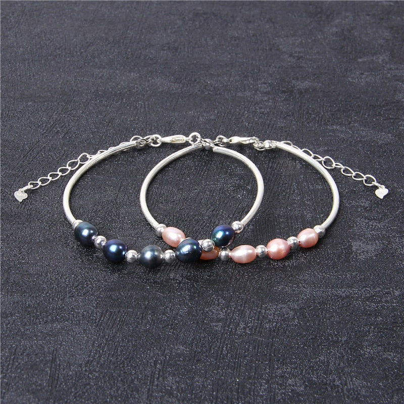 Fashion Natural Pearls Bracelets Silver Color Black Natural Pearls Bracelets Adjustable Charms Bangles Women Girl Jewelry Gifts