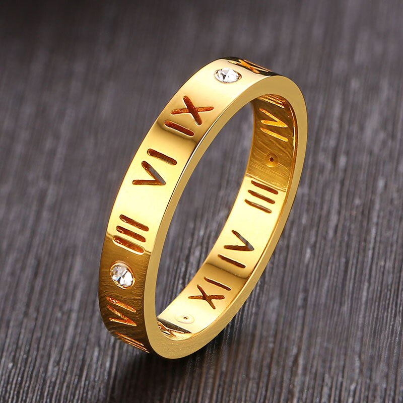 Vnox Women&#39;s Roman Numbers Wedding Rings Elegant Stainless Steel CZ Gold Color Female Alliance Jewelry