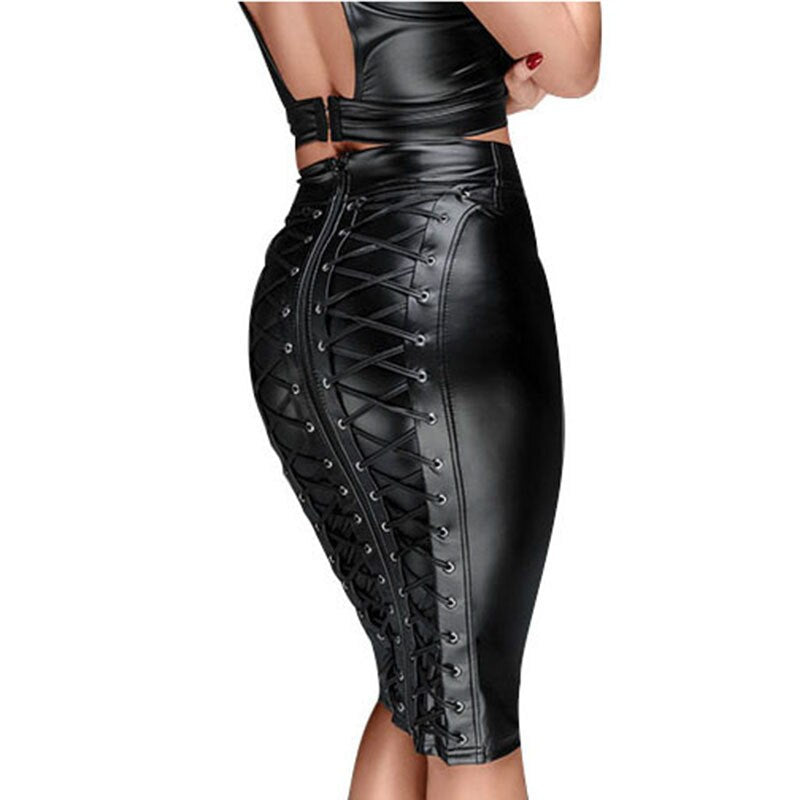 PU Leather Skirt up Zipper Bandage Bodycon Faux Leather 2021 Back Lace Womens Ladies Knee Length Wet Look Plus Size Black Style