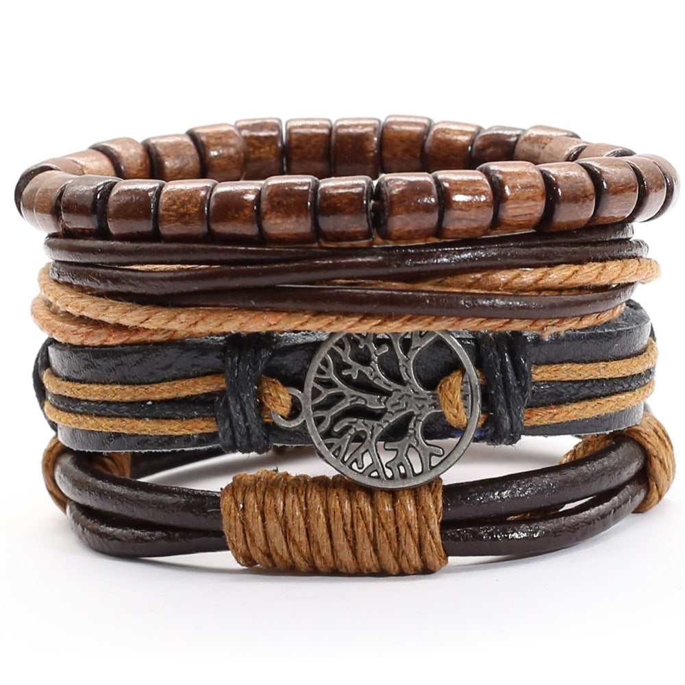 Khaki Brown Handmade Tree New Punk 4 pcs/set Multilayer Wood Beads Charm Leather Bracelets Men Bracelets Women Homme Jewelry