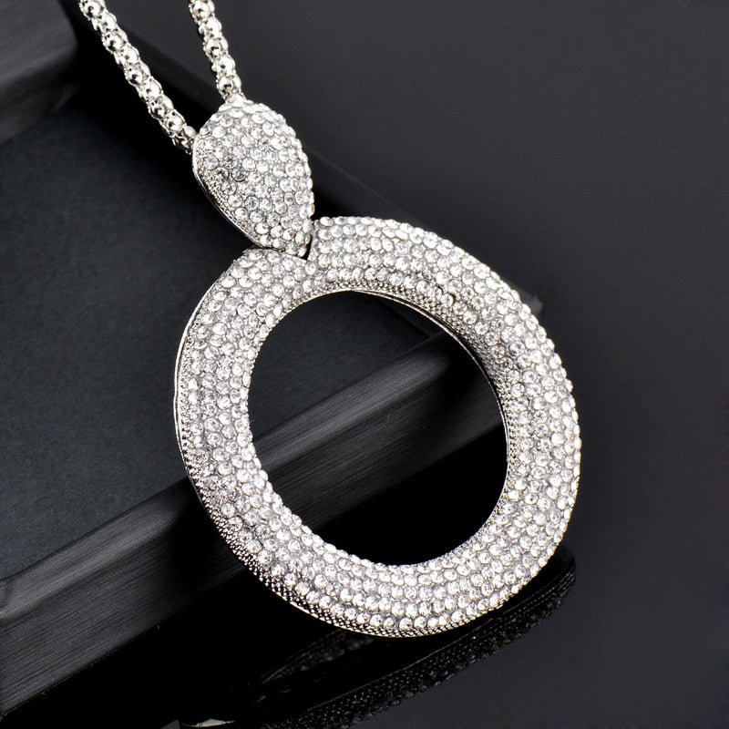 SINLEERY Dazzling Full Cubic Zirconia Hollow Round Pendant Long Necklace for Women Statement Maxi Jewelry Accessories ZD1 SSA