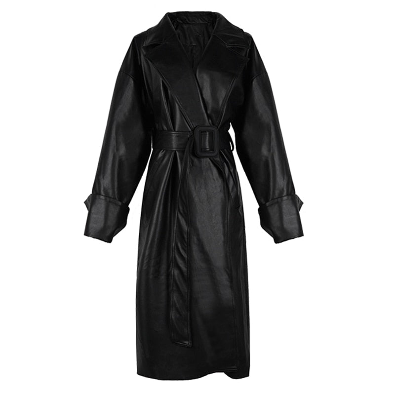 Lautaro Long oversized leather trench coat for women long sleeve lapel loose fit Fall Stylish black women clothing streetwear