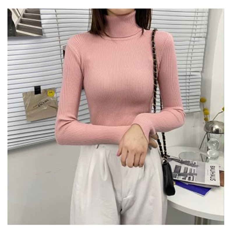 Women Turtleneck Sweaters Autumn Winter Korean Slim Pullover Women Basic Tops Casual Soft Knit Sweater Soft Warm Jumper