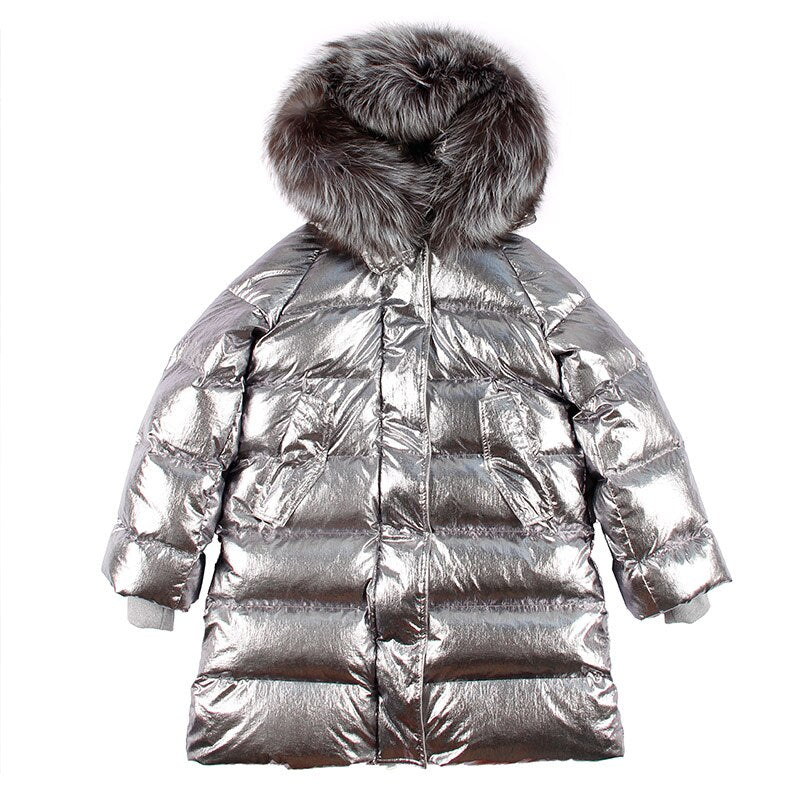 Women Winter Down Jacket Coat Long Warm Silver Parkas Mongolia Sheep Fur Duck Down