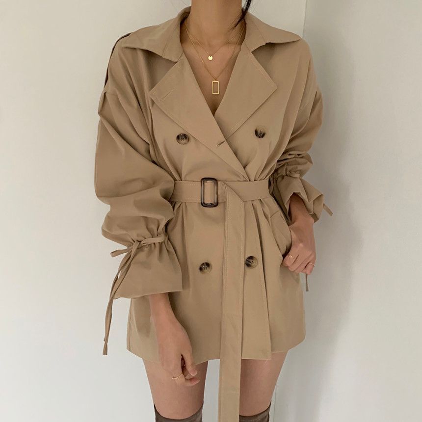 REALEFT 2022 New Autumn Winter Khaki Minimalist Women's Trench Coat Sashes Windbreaker Loose Flare Sleeve Double Breasted Trench