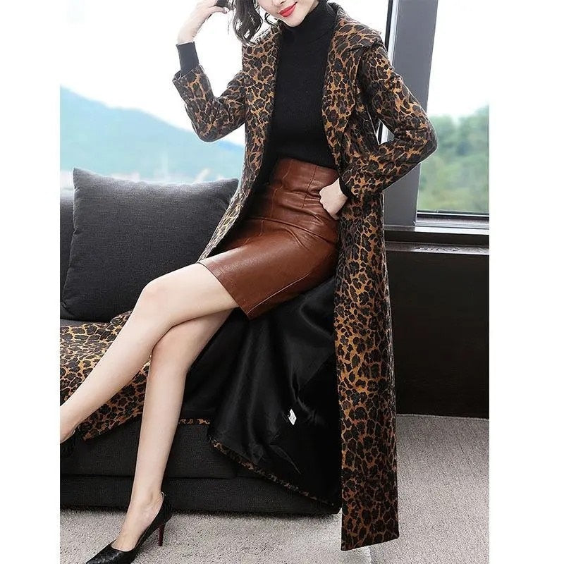 Women's Trench Coat Leopard Long Sleeve Coat Women 2023 Spring Autumn New Fashion Elegant Long Female Casual Windbreaker Lu2005