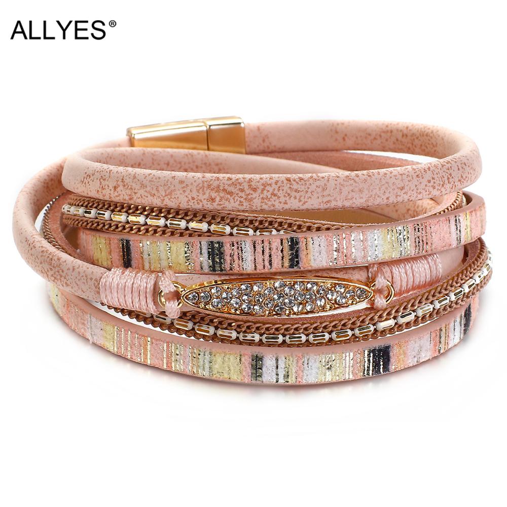 ALLYES Simple Stripe Leather Bracelet for Women Bohemian Natural stone Charm Crystal Wrap Bracelets Bangles Fashion Jewelry