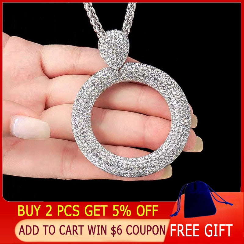 SINLEERY Dazzling Full Cubic Zirconia Hollow Round Pendant Long Necklace for Women Statement Maxi Jewelry Accessories ZD1 SSA