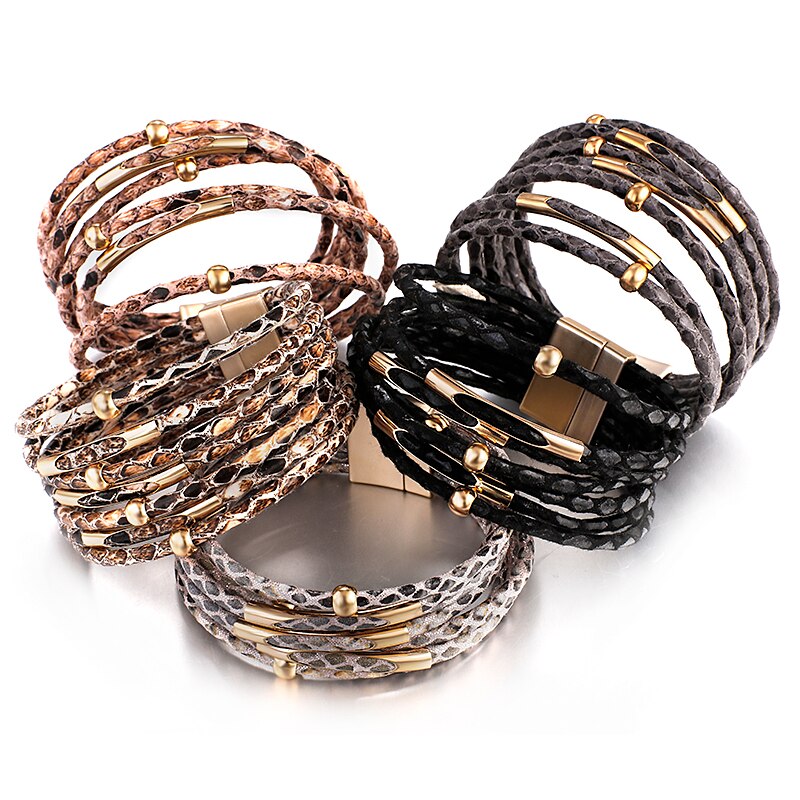 ALLYES Snake Pattern Leather Bracelets for Women Fashion Exaggerated Multilayer Wide Wrap Bracelets &amp; Bangles Charm Jewelry