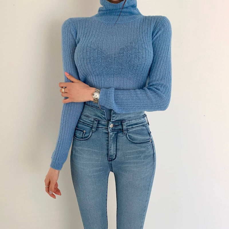 TWOTWINSTYLE White Korean Knitted Sweater For Women Turtleneck Long Sleeve Autumn Slim Pullover Female Clothing Fashion New 2020