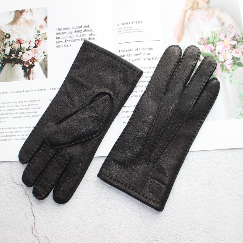 New women's deerskin gloves leather color fashion wool knitted lining hand-stitched outdoor driving and cycling warm gloves