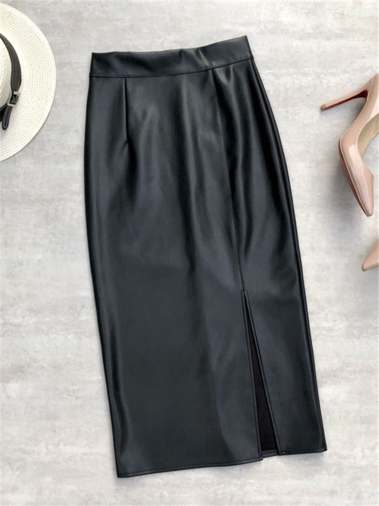 Seoulish Black PU Faxu Leather Women's Wrap Skirts 2022 New Autumn Winter High Waist Front Split Sheath Pencil Skirts Female