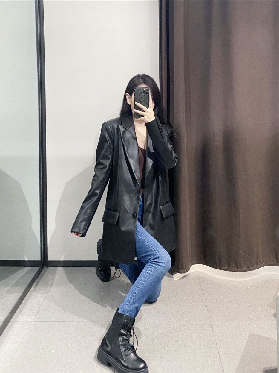 2022 Long PU Faux Leather Blazers Women Leather Jacket Coat Brand New Women's Jackets Outerwear Ladies Coats Female Leather Suit