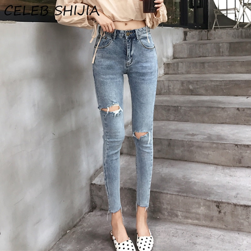 SHIJIA High Waist Elastic Skinny Jeans Woman Hole Ripped Denim Pencil Jeans Female Light Blue Vintage Bottoms Femme Chic 2023