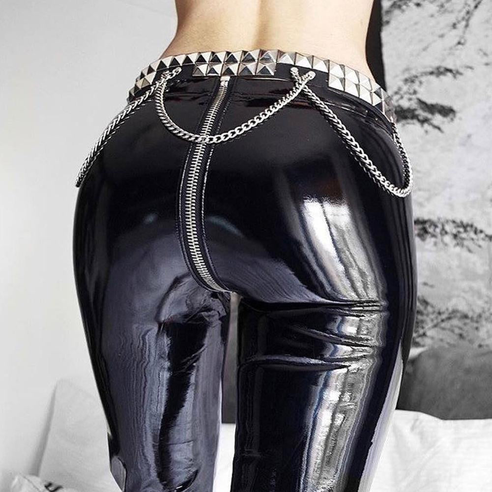 Women Sexy Shiny PU Leather Leggings Back Zipper High Waist Faux Leather Skinny Pants Shiny Wet Look Metallic  Legging