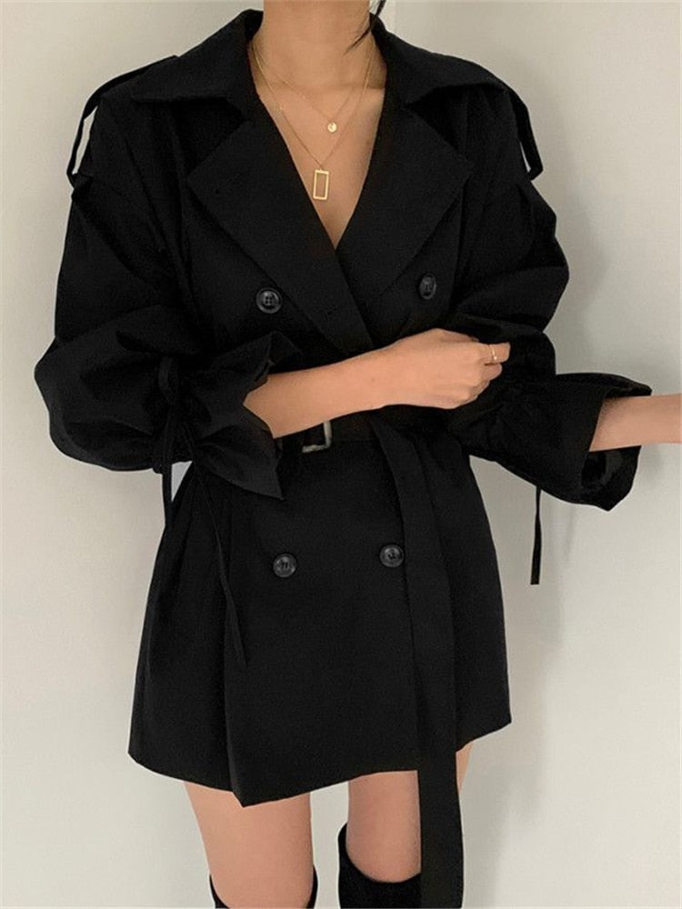 REALEFT 2022 New Autumn Winter Khaki Minimalist Women's Trench Coat Sashes Windbreaker Loose Flare Sleeve Double Breasted Trench