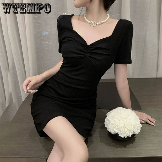 Little Black Dress Female Summer French Waist Thin Temperament Drawstring Folds Hip Wrap Dress Ruched Dresses  Women Clothes