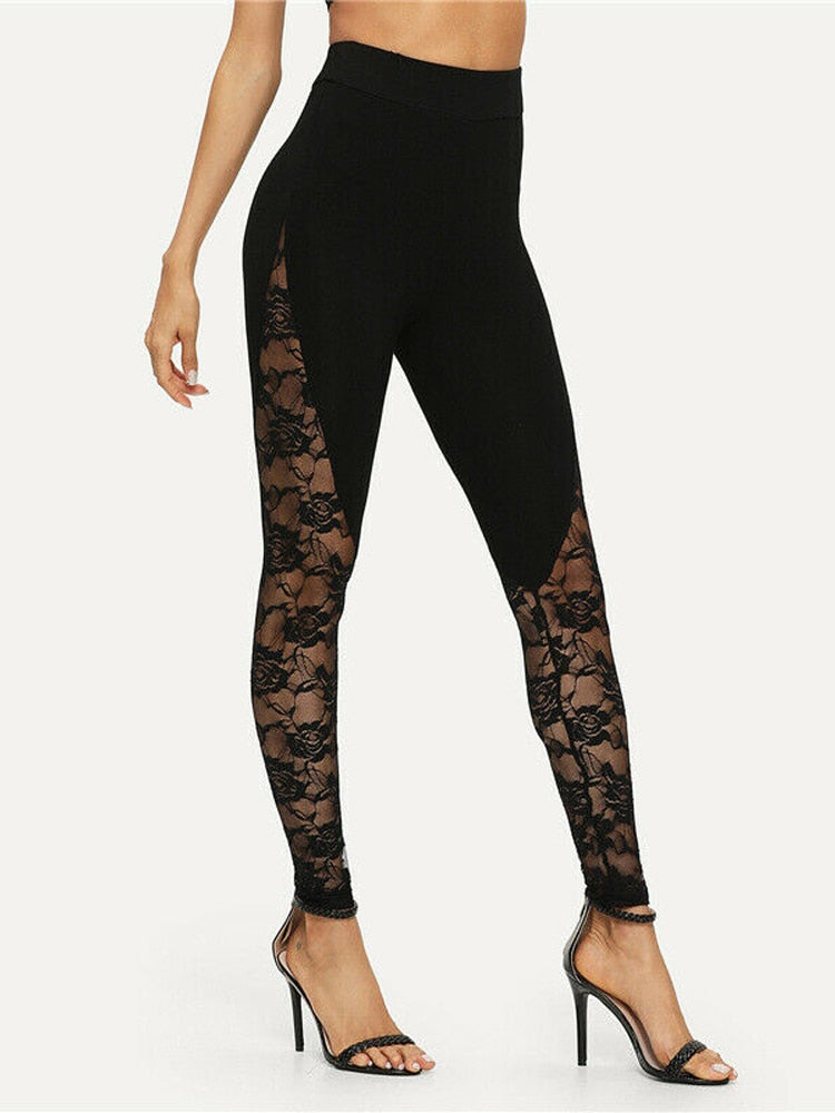 Sexy High Waist Black Lace Leggings Women's Ladies Floral Lace Side Panel Cut Out Black Leggings S-2XL