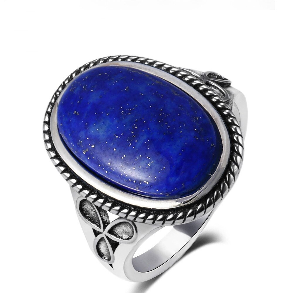 Vintage Ring Natural Blue Sandstone Rings for Women&#39;s Silver Jewelry Rings with 11x17MM Big Oval Lapis Gifts Wholesale