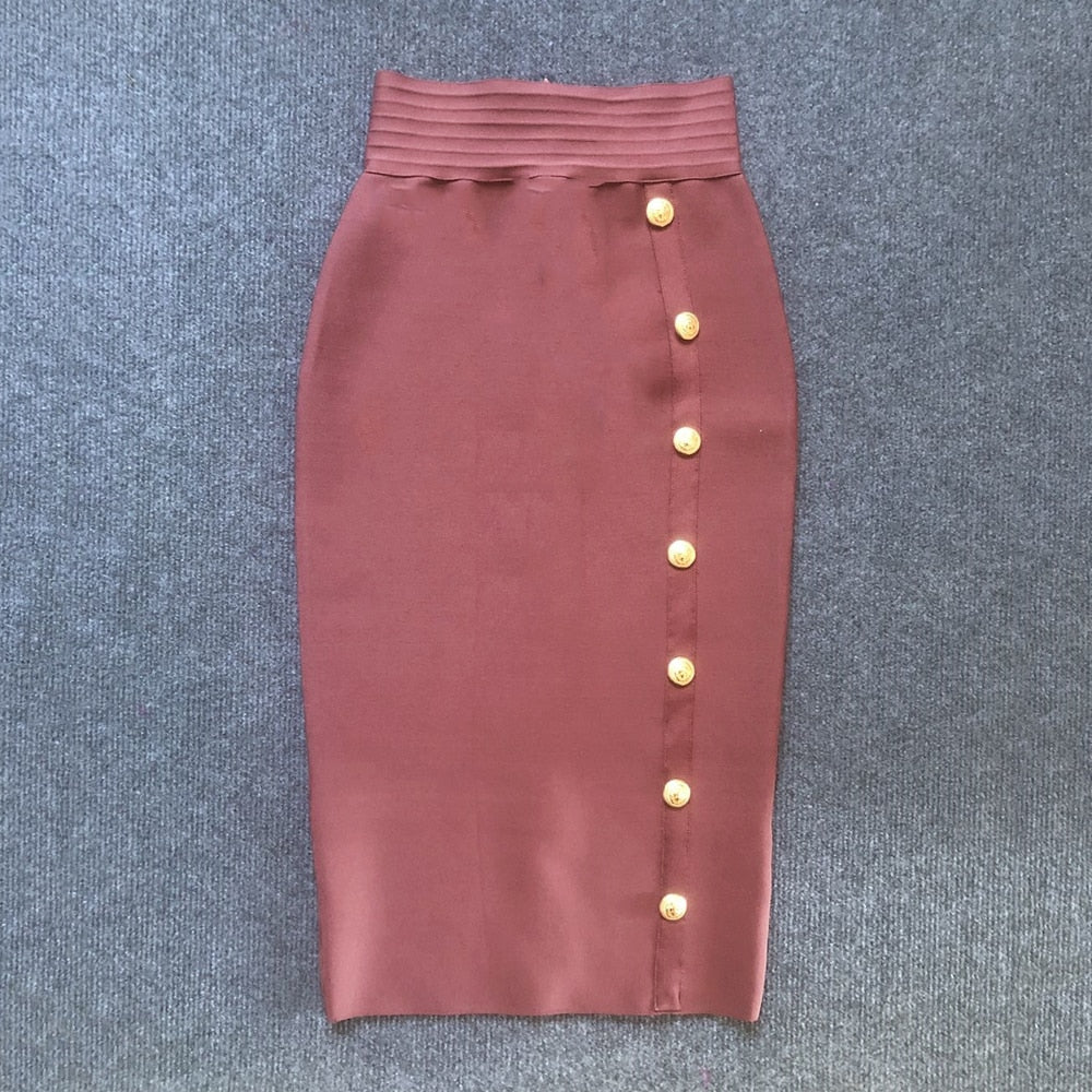 2023 Summer Elegant Midi Pencil Skirt High Waist Bandage Skirt Black Elastic Bandage Skirts Button Women Clothes