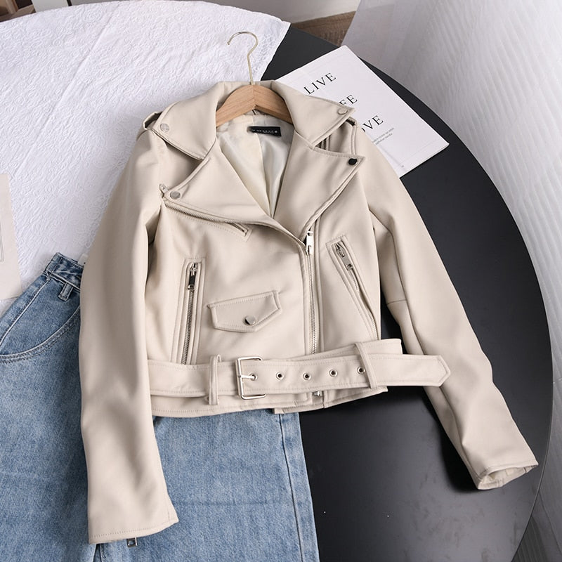 Ailegogo 2022 Spring Autumn Soft Faux Leather Short Jacket with Belt Women Lapel Pu Leather Coat Black Zipper Moto Biker Outwear