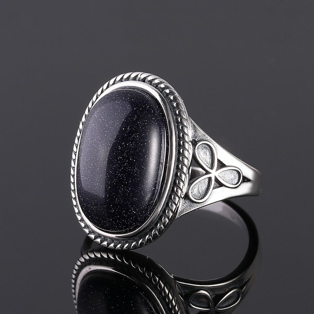 Vintage Ring Natural Blue Sandstone Rings for Women&#39;s Silver Jewelry Rings with 11x17MM Big Oval Lapis Gifts Wholesale