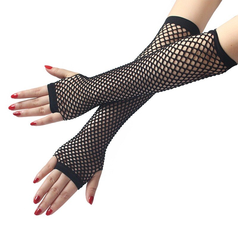 Stylish Long Black Fishnet Gloves Womens Fingerless Gloves Girls Dance Gothic Punk Rock Costume Gloves Sexy Hollow Out Disco