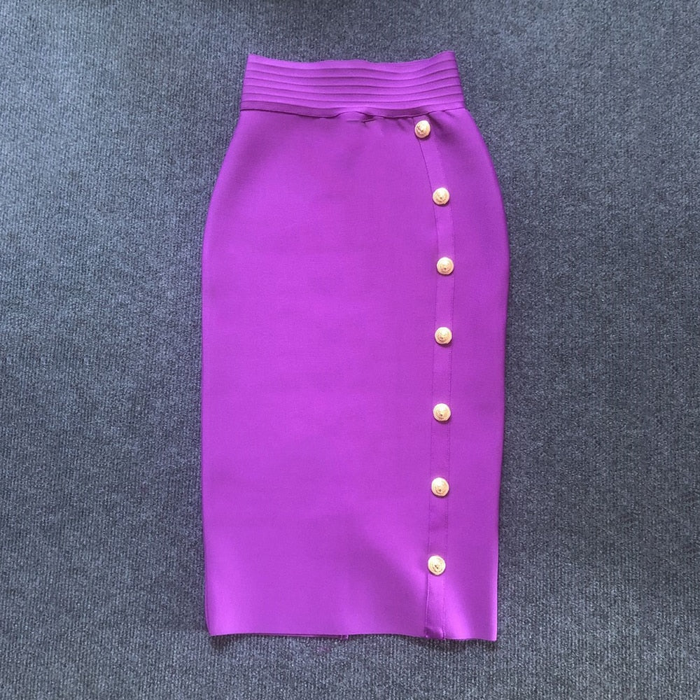 2023 Summer Elegant Midi Pencil Skirt High Waist Bandage Skirt Black Elastic Bandage Skirts Button Women Clothes