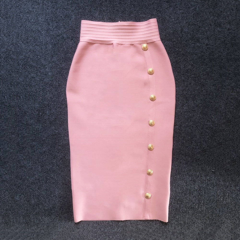 2023 Summer Elegant Midi Pencil Skirt High Waist Bandage Skirt Black Elastic Bandage Skirts Button Women Clothes