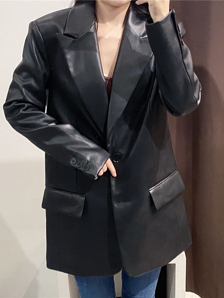 2022 Long PU Faux Leather Blazers Women Leather Jacket Coat Brand New Women's Jackets Outerwear Ladies Coats Female Leather Suit