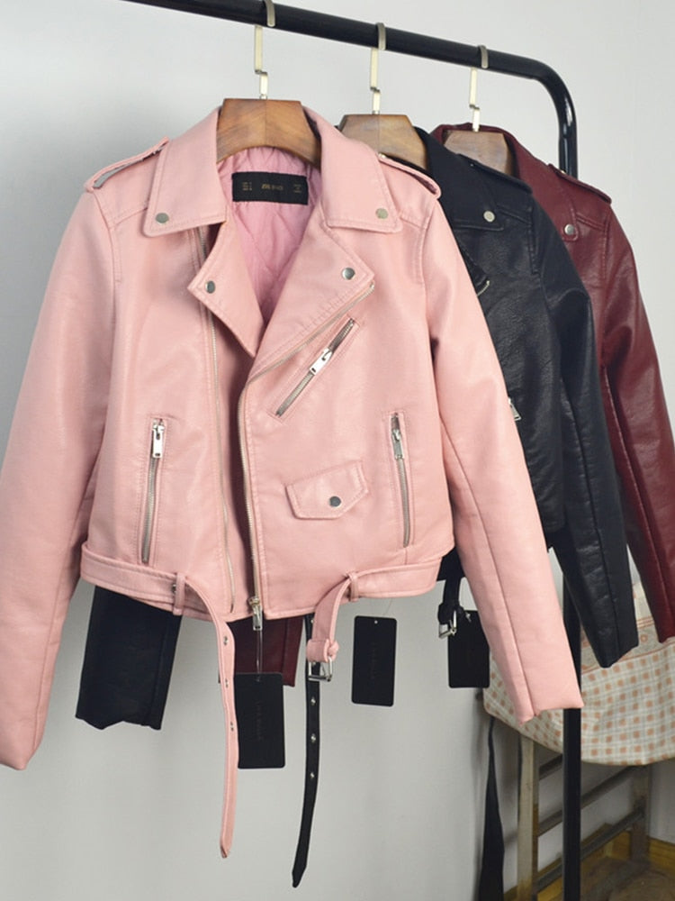 Fitaylor Spring Autumn Women Faux Soft Leather Jacket Long Sleeve Pink Black Biker Coat Zipper Design Motorcycle PU Red Jacket