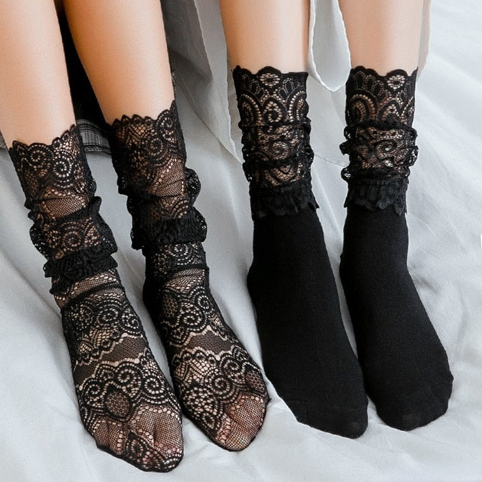 Women&#39;s Black Lace Stockings Hollow Transparent Lace Stockings Pure Cotton Japanese Fleece Socks  Quilt Color Princess Socks