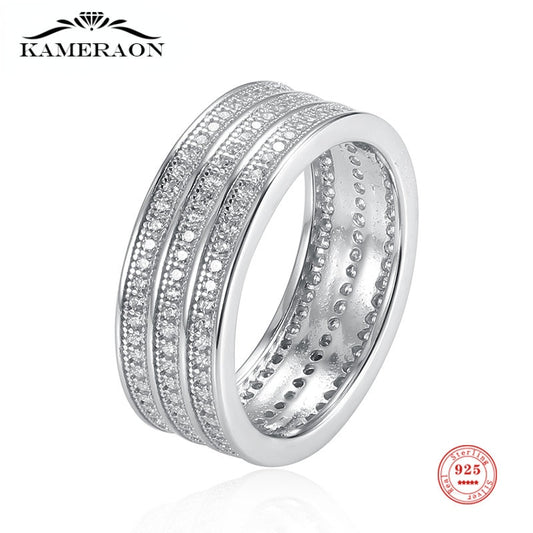 Women&#39;s 925 Sterling Silver Crystal Wide Ring Full Shining Simulated Diamond Personality Fine Jewelry Silverware Female Gift