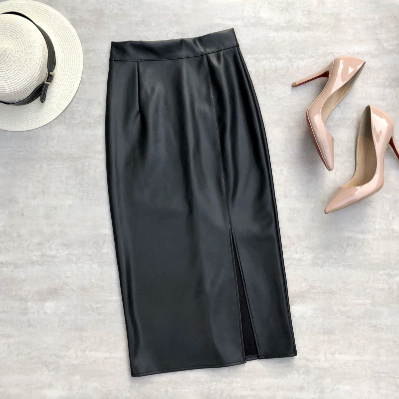 Seoulish Black PU Faxu Leather Women's Wrap Skirts 2022 New Autumn Winter High Waist Front Split Sheath Pencil Skirts Female