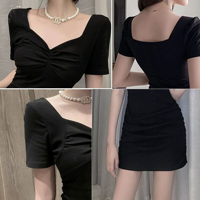 Little Black Dress Female Summer French Waist Thin Temperament Drawstring Folds Hip Wrap Dress Ruched Dresses  Women Clothes