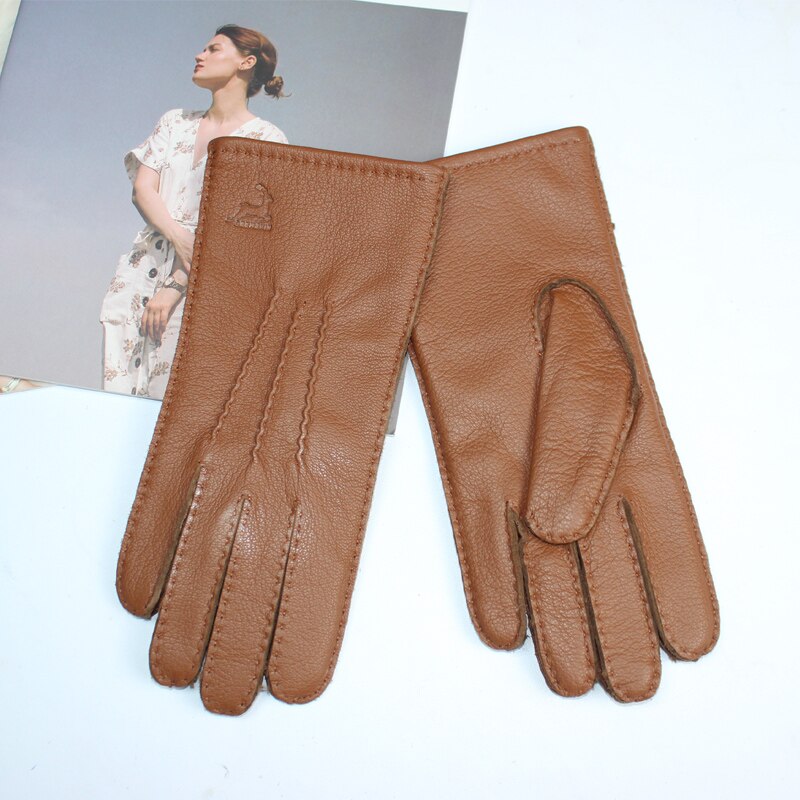 New women's deerskin gloves leather color fashion wool knitted lining hand-stitched outdoor driving and cycling warm gloves