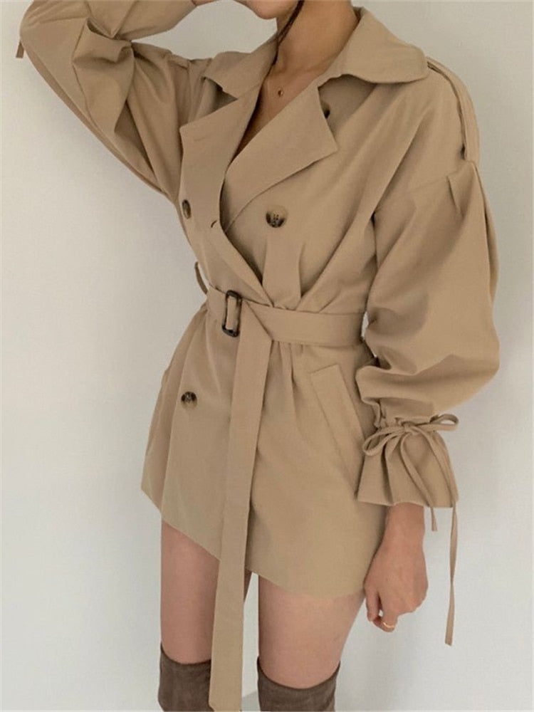 REALEFT 2022 New Autumn Winter Khaki Minimalist Women's Trench Coat Sashes Windbreaker Loose Flare Sleeve Double Breasted Trench