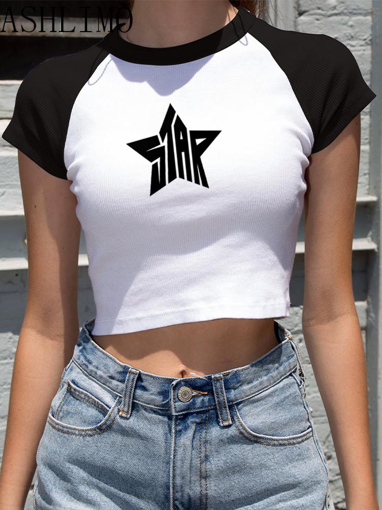 Female Y2K Clothes Star Tops Women Tshirt Harajuku Retro Fashion Gothic Short Sleeve Crop Sexy Tops Aesthetics Tops Short Navel