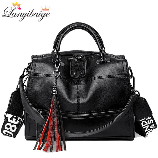 Wide Shoulder Strap Retro Women Handbags High Quality Leather Ladies Shoulder Bags Brand Tassel Luxury Women Crossbody Bags