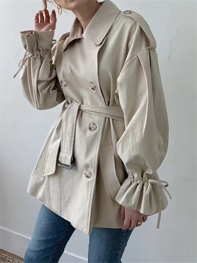 REALEFT 2022 New Autumn Winter Khaki Minimalist Women's Trench Coat Sashes Windbreaker Loose Flare Sleeve Double Breasted Trench