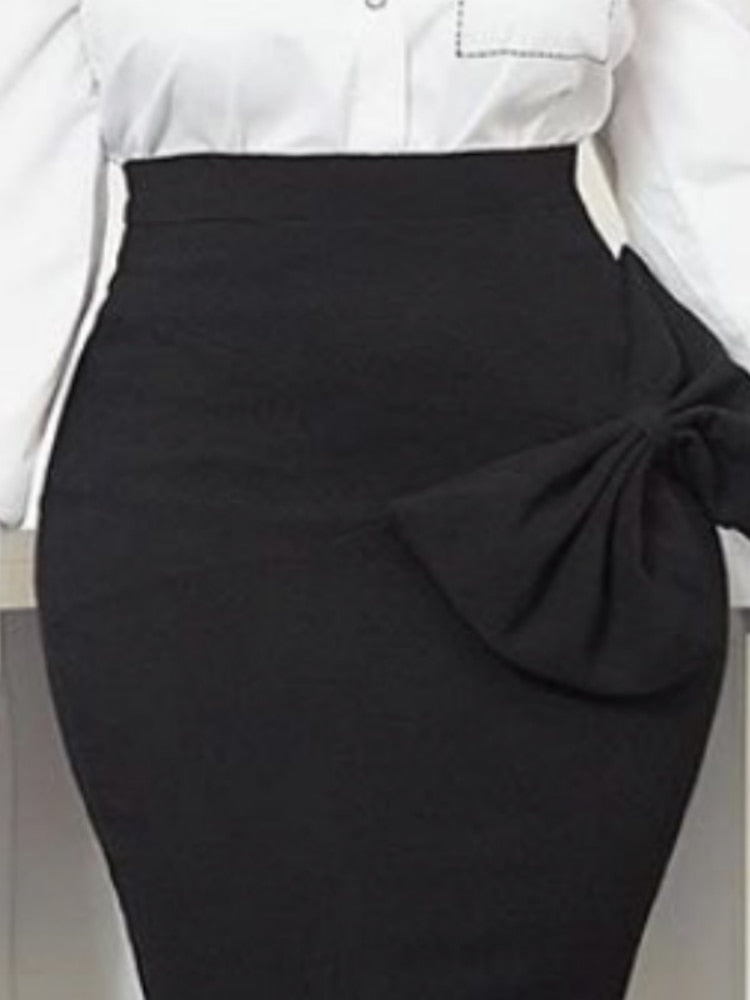 Women Black High Waist Skirts Bodycon Pencil Office Ladies Big Bowtie Summer Fall African Modest Elegant Retro Jupes Falad Saia