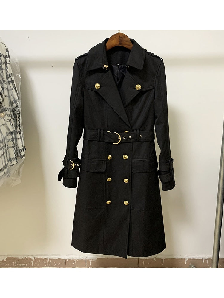 HIGH STREET 2023 Fall Winter Designer Fashion Women's Elegant Double Breasted Lion Buttons Belt Trench Coat